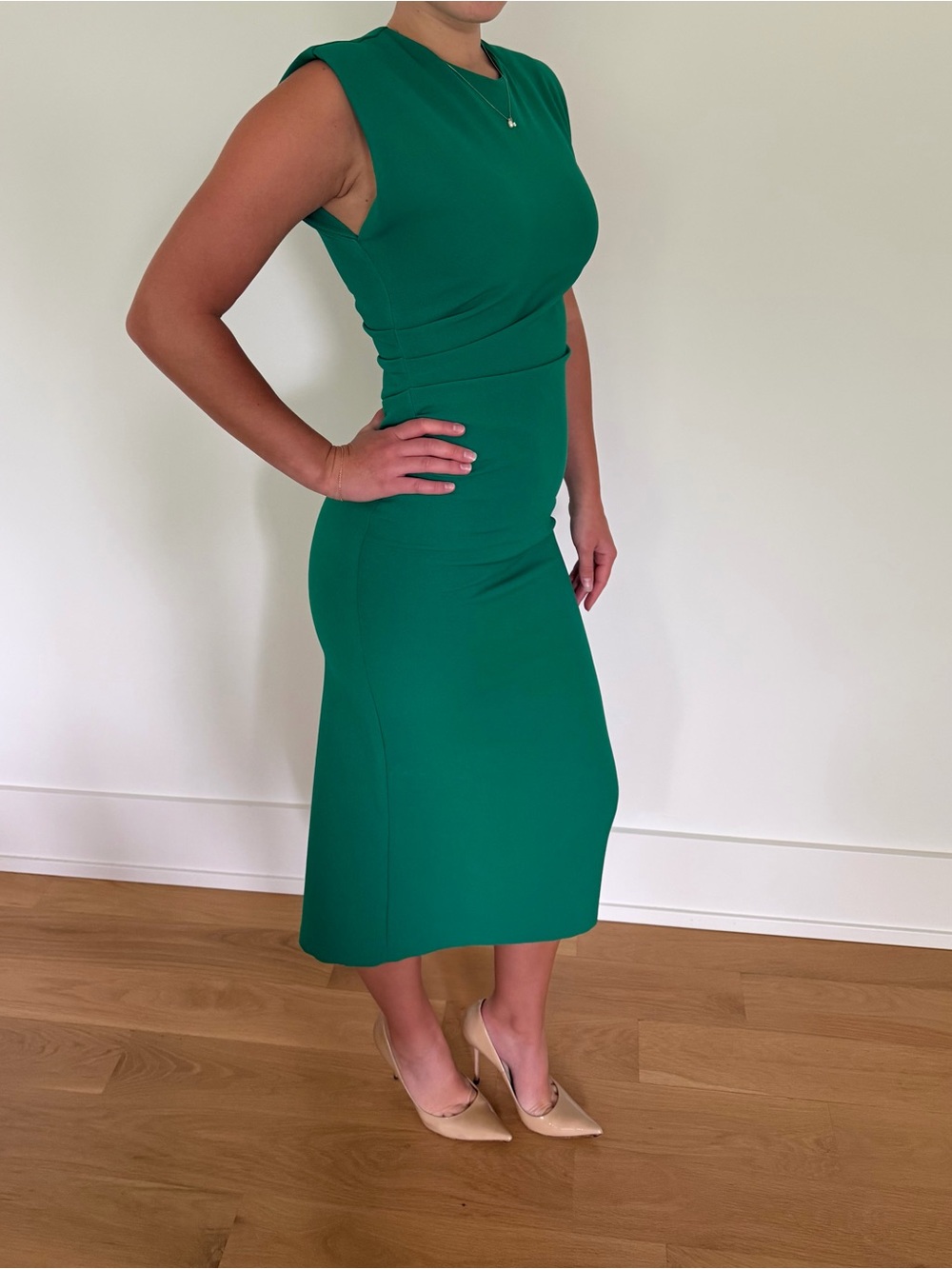 ZARA Emerald Green Ruched Structured Midi Dress - Size Small